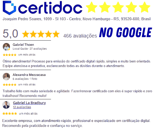 Certidoc com nota 5 estrelas e avaliações de clientes no Google
